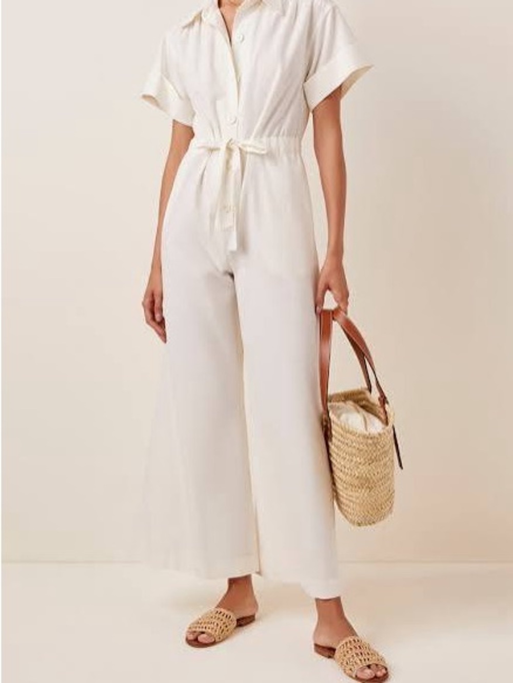 (POSSE) White Short-Sleeve Button-Front Wide-Leg Jumpsuit